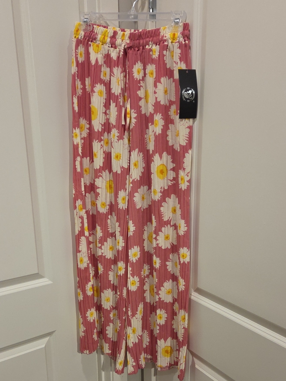 Pleated Daisy Print Wide-Leg Pants - Pink